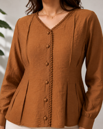 Load image into Gallery viewer, Brown Lace Trim V Neck Top with Full Sleeves for Everyday Style - PRAVtown