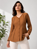 Load image into Gallery viewer, Brown Stylish Lace Trim V Neck Top for Casual and Formal Office Wear - PRAVtown