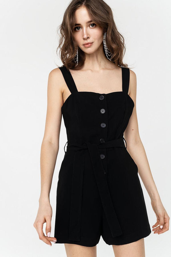 Button front black playsuit women square neck outfit Online
