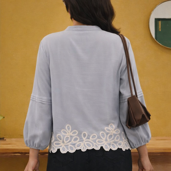 Buy light grey top for women puff sleeves lace hem
