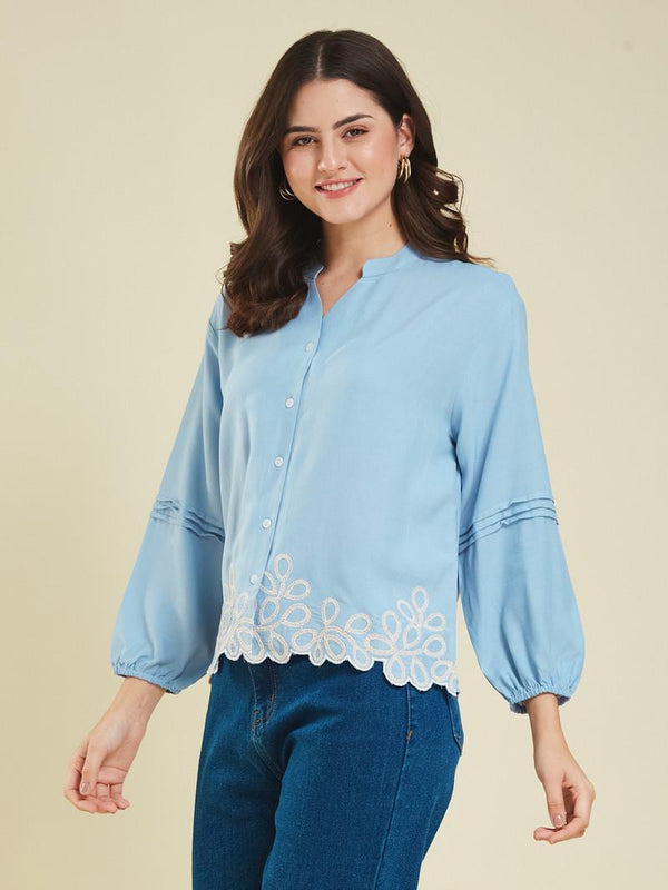 Buy sky blue top for women puff sleeves lace hem