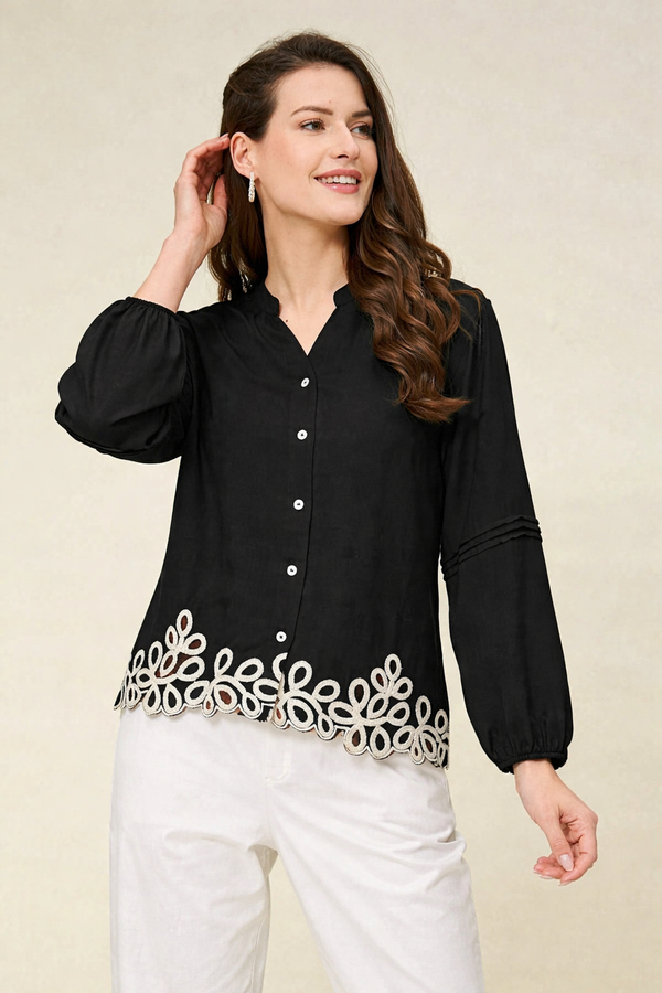 Buy women black stylish top with puff sleeves