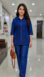 Load image into Gallery viewer, Buy women’s dark blue denim coord set online