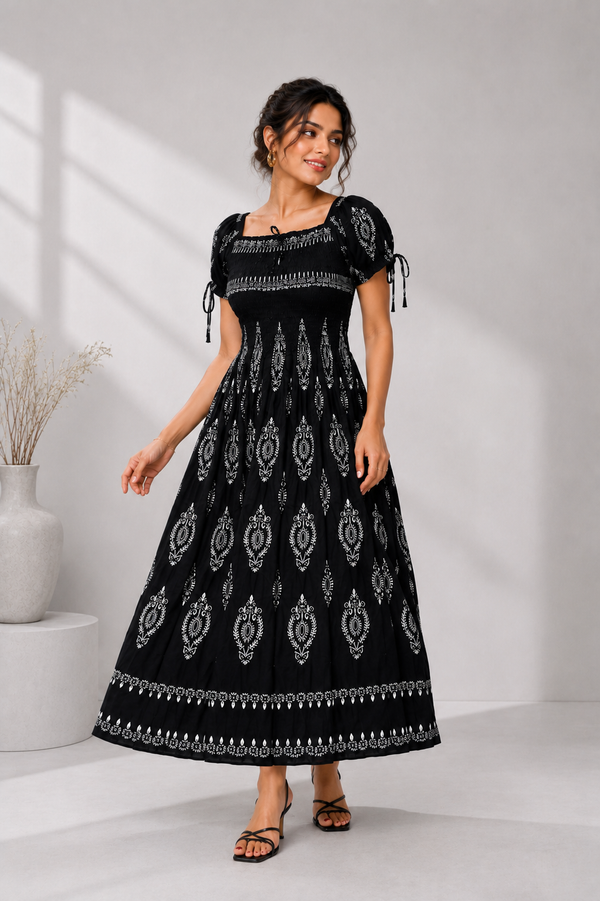 Black Boho Printed Smocked Maxi Dress - PRAVtown