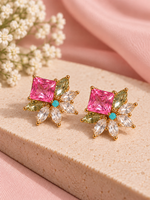 Load image into Gallery viewer, Pink Crystal Floral Statement Earrings Leaf Shape