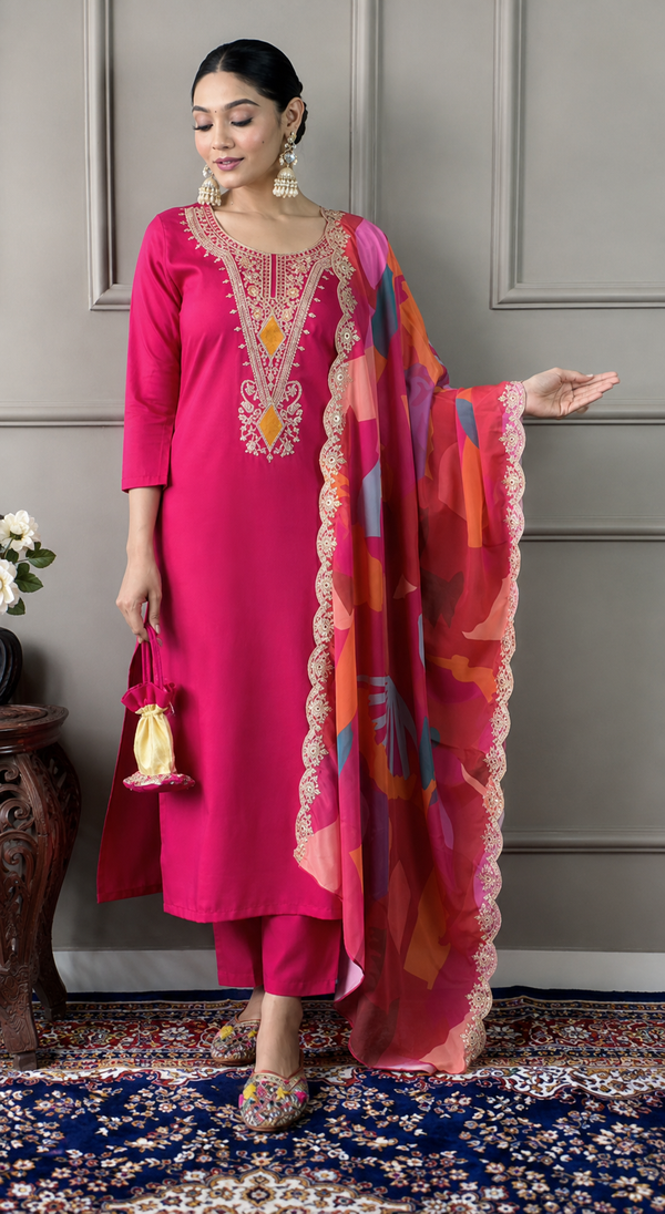 Beautiful Front Thread Design 3-Piece Kurta Pant Set Digital Print Dupatta