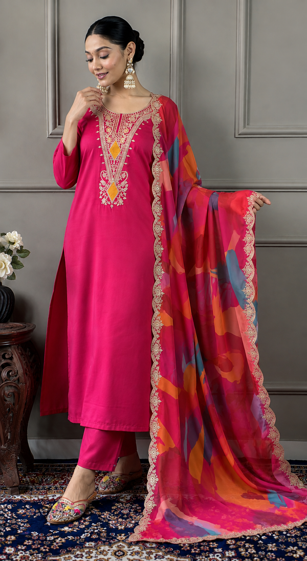 Beautiful Front Thread Design 3-Piece Kurta Pant Set Digital Print Dupatta