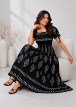 Load image into Gallery viewer, Black Boho Printed Smocked Maxi Dress - PRAVtown