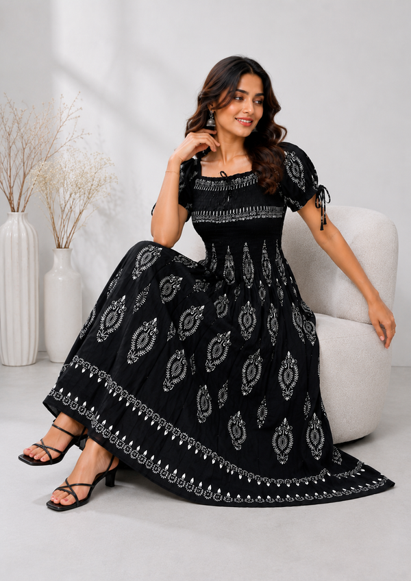 Black Boho Printed Smocked Maxi Dress - PRAVtown