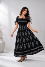 Load image into Gallery viewer, Black Boho Printed Smocked Maxi Dress - PRAVtown