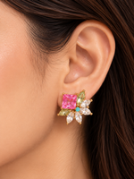 Load image into Gallery viewer, Pink Crystal Floral Statement Earrings Leaf Shape