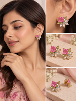 Load image into Gallery viewer, Pink Crystal Floral Statement Earrings Leaf Shape