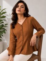 Load image into Gallery viewer, Coffee Brown Stylish Lace Trim V Neck Top - PRAVtown