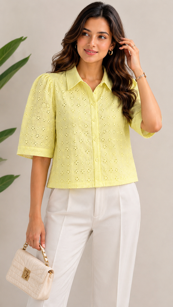 Collared Crop Top with Intricate Eyelet Embroidery - PRAVtown