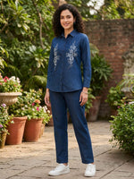 Load image into Gallery viewer, Dark blue embroidered denim coord set for women