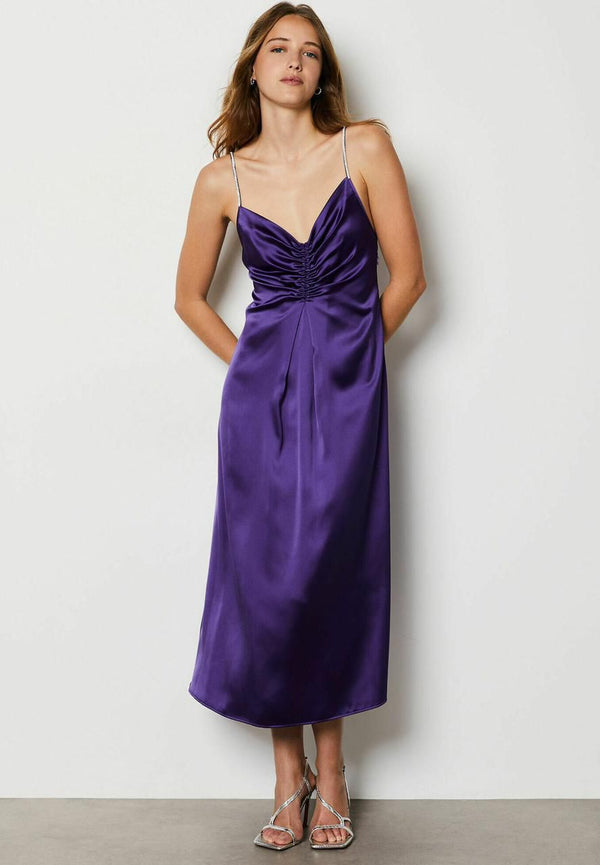 Shop for Elegant purple ruched satin slip dress front view