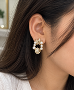 Load image into Gallery viewer, Gold-tone anti-tarnish earrings with floral design and pearl detailing