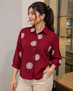Load image into Gallery viewer, Maroon Embroidered Collared Button-Down Shirt for Office Wear