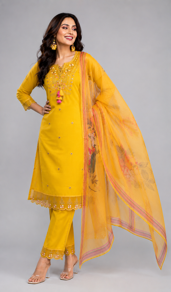 Mustard yellow kurta pant dupatta set with digital print dupatta - PRAVtown