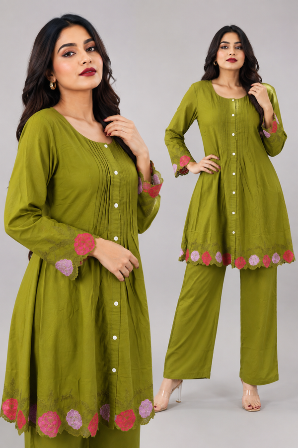 Olive Green Embroidered Co-ord Set - PRAVtown