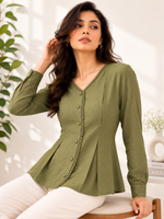 Load image into Gallery viewer, Olive Green Lace Trimmed V Neck Top - PRAVtown