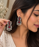Load image into Gallery viewer, Oxidised statement earrings with red teardrop stones, clear accents and pearls