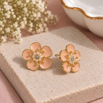 Load image into Gallery viewer, Peach pink flower earrings with pearl centre and sparkling stone