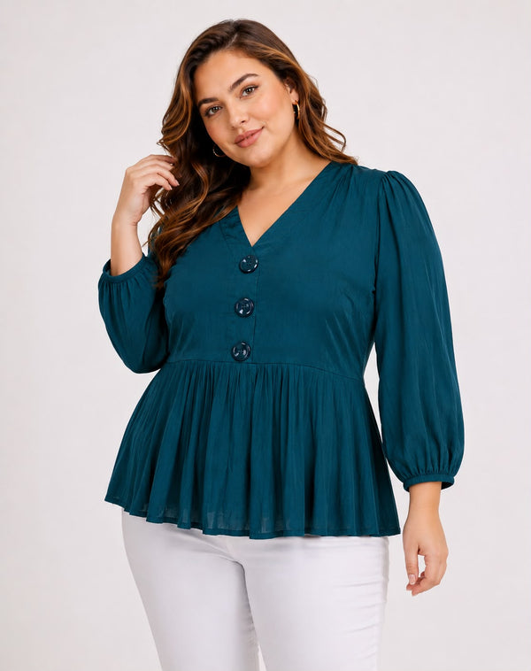 Peplum Button-Front V-Neck Top for Women - PRAVtown