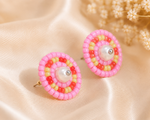 Load image into Gallery viewer, Pink Handmade Beaded Stud Earrings with Pearl Centre - PRAVtown