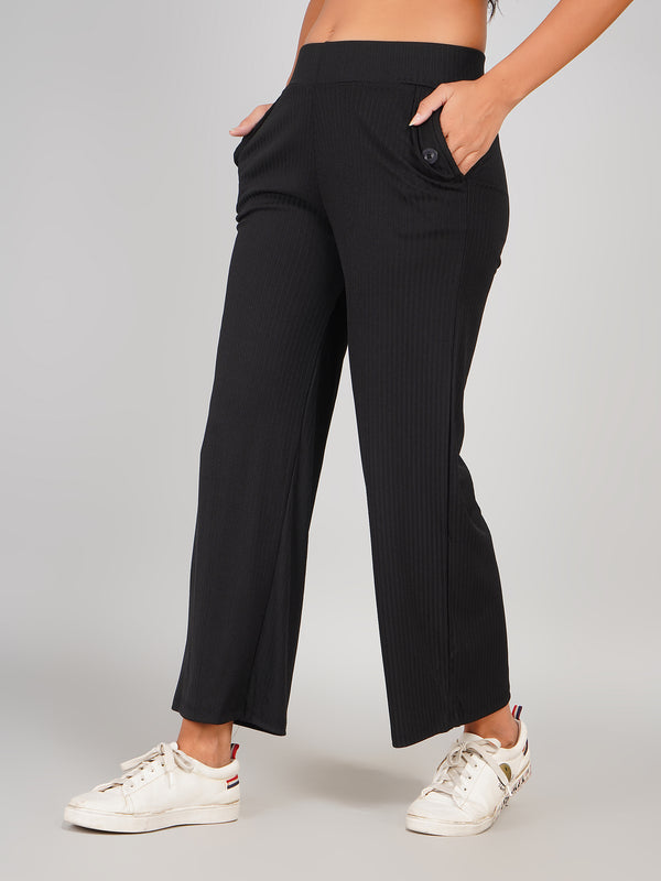 Ribbed Mid Rise Flared Fit Track Pants (Black)