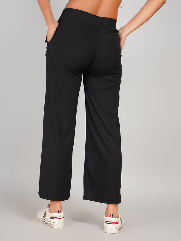 Ribbed Mid Rise Flared Fit Track Pants (Black)