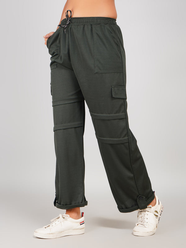 Ribbed Cargo Pants with Pocket & Button Hem Design (Olive Green)