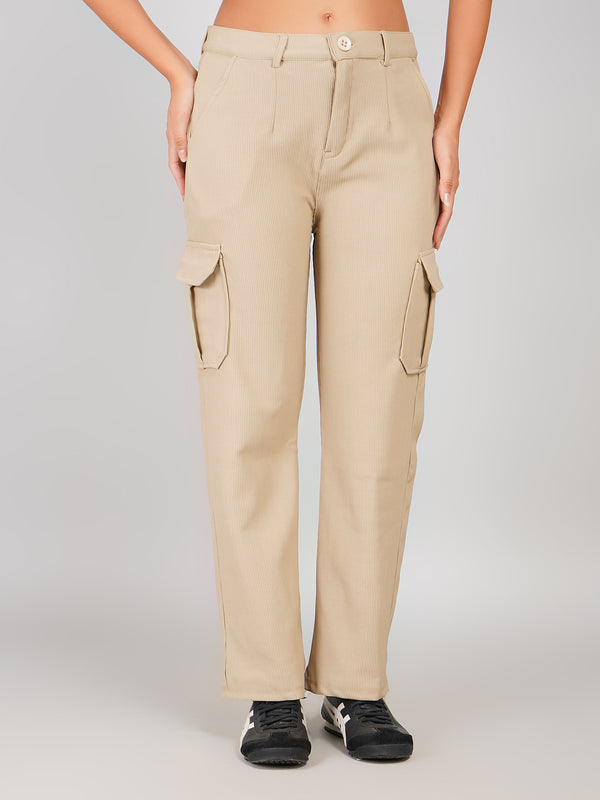 Beige Corduroy Cargo Trousers Multi Pockets