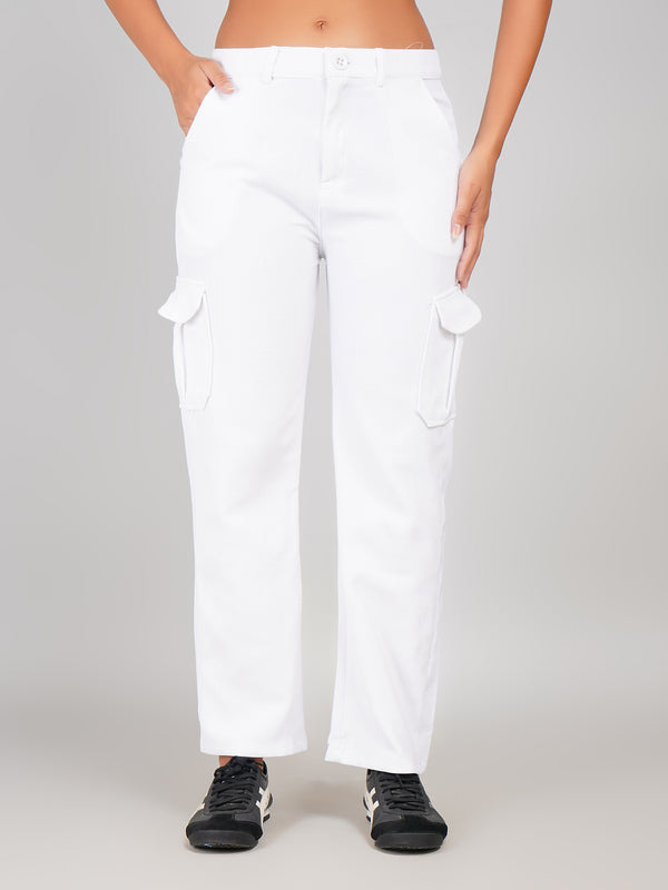 White Corduroy Cargo Trousers for Women with Multi Pockets