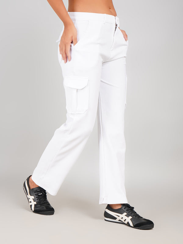 White Corduroy Cargo Trousers for Women with Multi Pockets