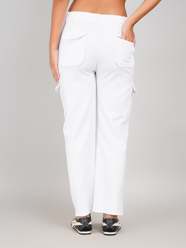 White Corduroy Cargo Trousers for Women with Multi Pockets