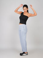 Load image into Gallery viewer, Women Light Blue Ribbed Knit Straight Fit Trousers - High Waist Lounge Pants