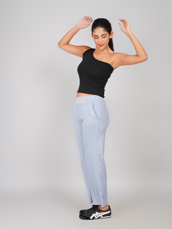 Women Light Blue Ribbed Knit Straight Fit Trousers - High Waist Lounge Pants