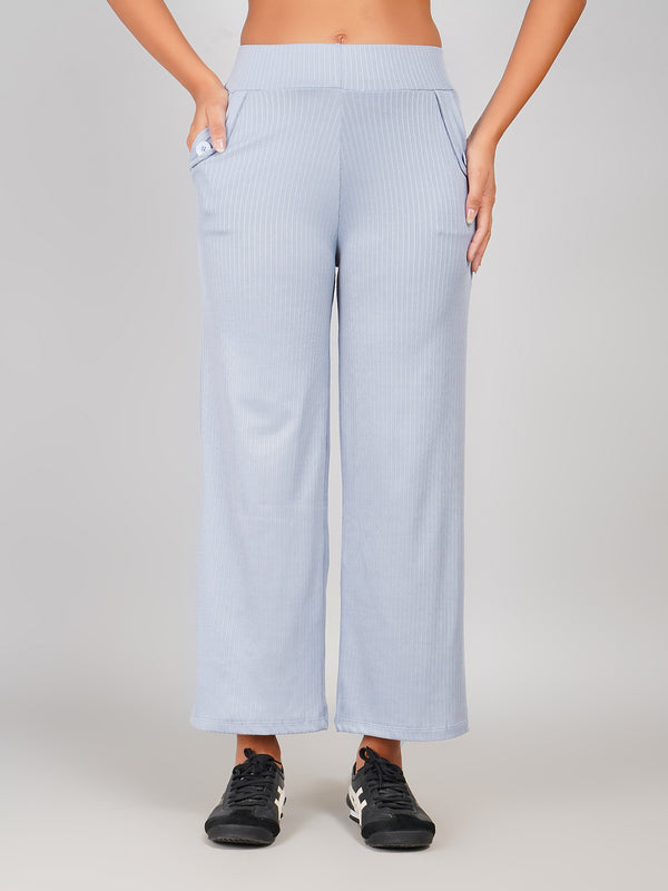 Women Light Blue Ribbed Knit Straight Fit Trousers - High Waist Lounge Pants