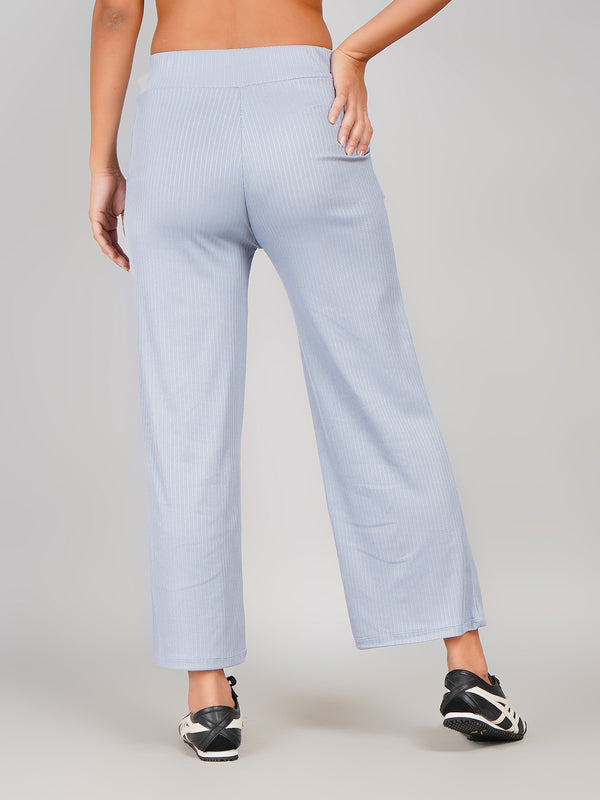 Women Light Blue Ribbed Knit Straight Fit Trousers - High Waist Lounge Pants