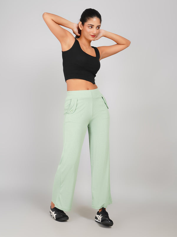 Elastic Waist Women’s Wide-Leg Pants with Buttoned Pockets (Mint Green)