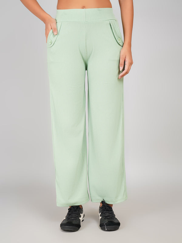 Elastic Waist Women’s Wide-Leg Pants with Buttoned Pockets (Mint Green)