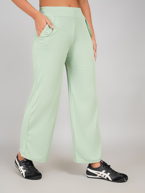 Elastic Waist Women’s Wide-Leg Pants with Buttoned Pockets (Mint Green)
