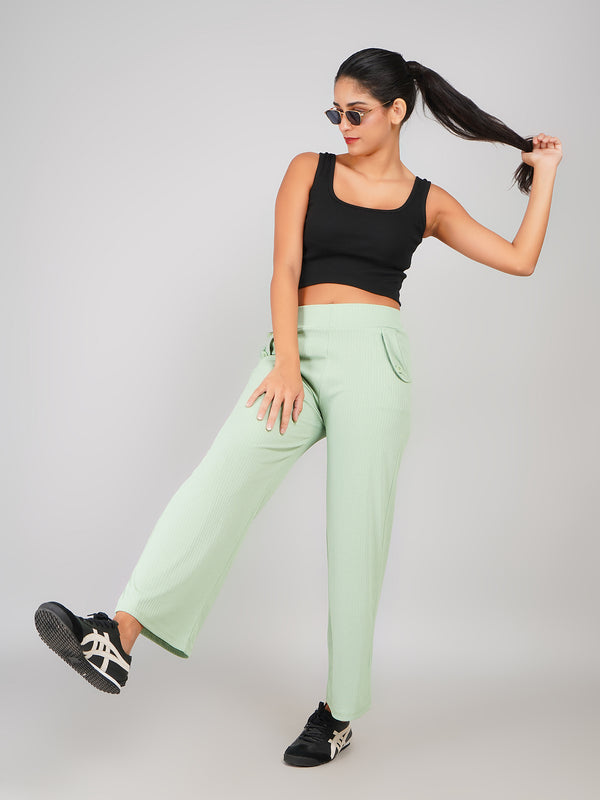 Elastic Waist Women’s Wide-Leg Pants with Buttoned Pockets (Mint Green)