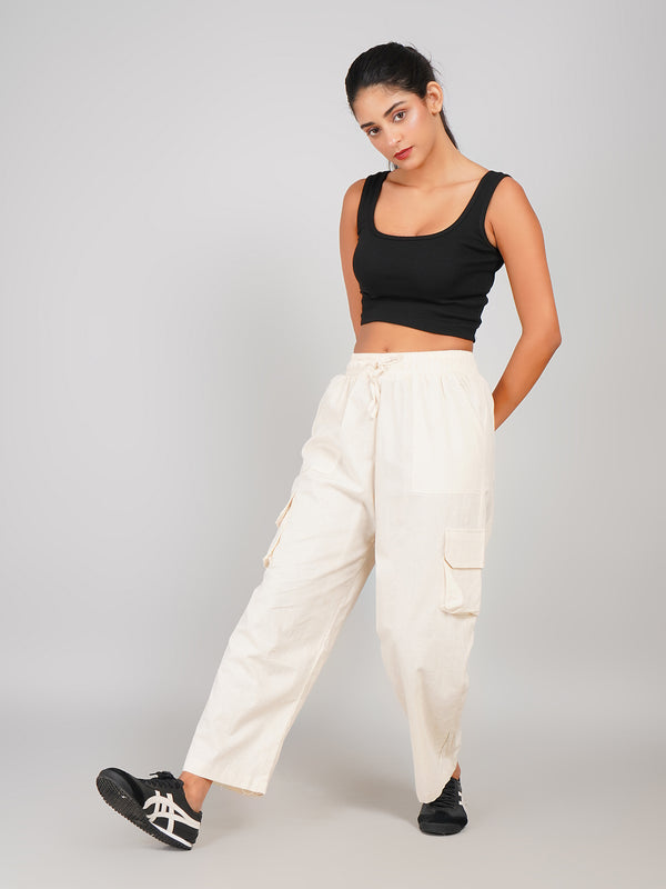 Cream Cotton Relaxed Fit Women’s Utility Cargo Pants