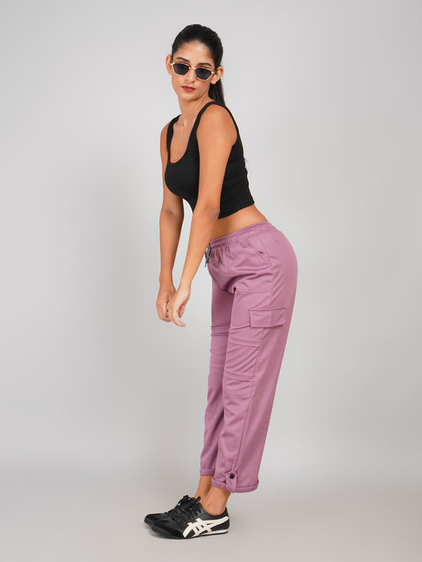 Mauve Pink Ribbed Elastic Waist Cargo Pants– Casual Comfort Wear