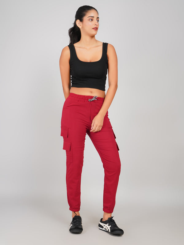 Crimson Red Cotton Women Joggers Cargo Pants