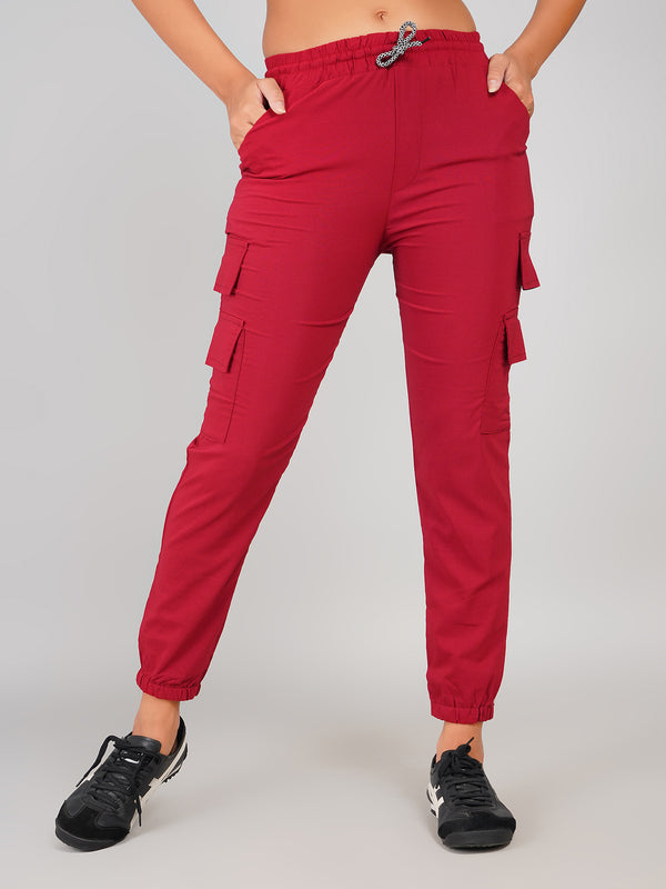 Crimson Red Cotton Women Joggers Cargo Pants