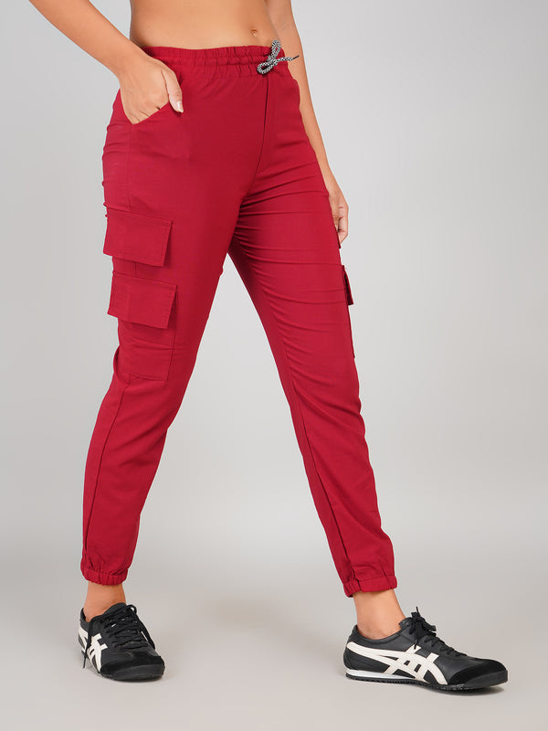 Crimson Red Cotton Women Joggers Cargo Pants