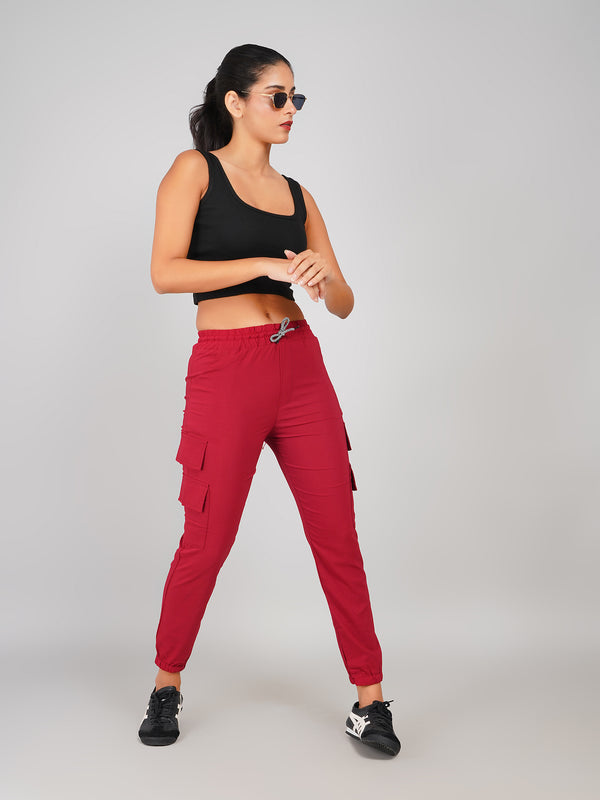 Crimson Red Cotton Women Joggers Cargo Pants